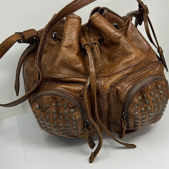 Frye Brooke Studded Drawstring Bucket Bag Purse Brown Leather Shoulder Bag - Picture 4 of 12